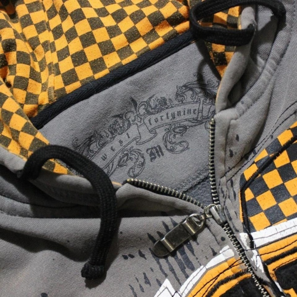 Mens Y2K West49 DC Style Distressed Faded Skater Checkerboard Zip-up Hoodie - Picture 4 of 8